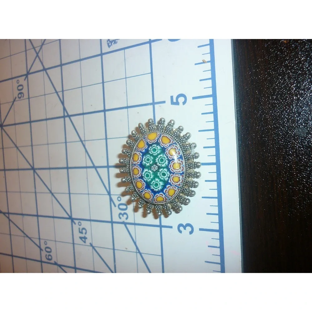Unbranded Brooch Sterling Silver Millefiori Glass Mosaic Floral Italian 925 Blue